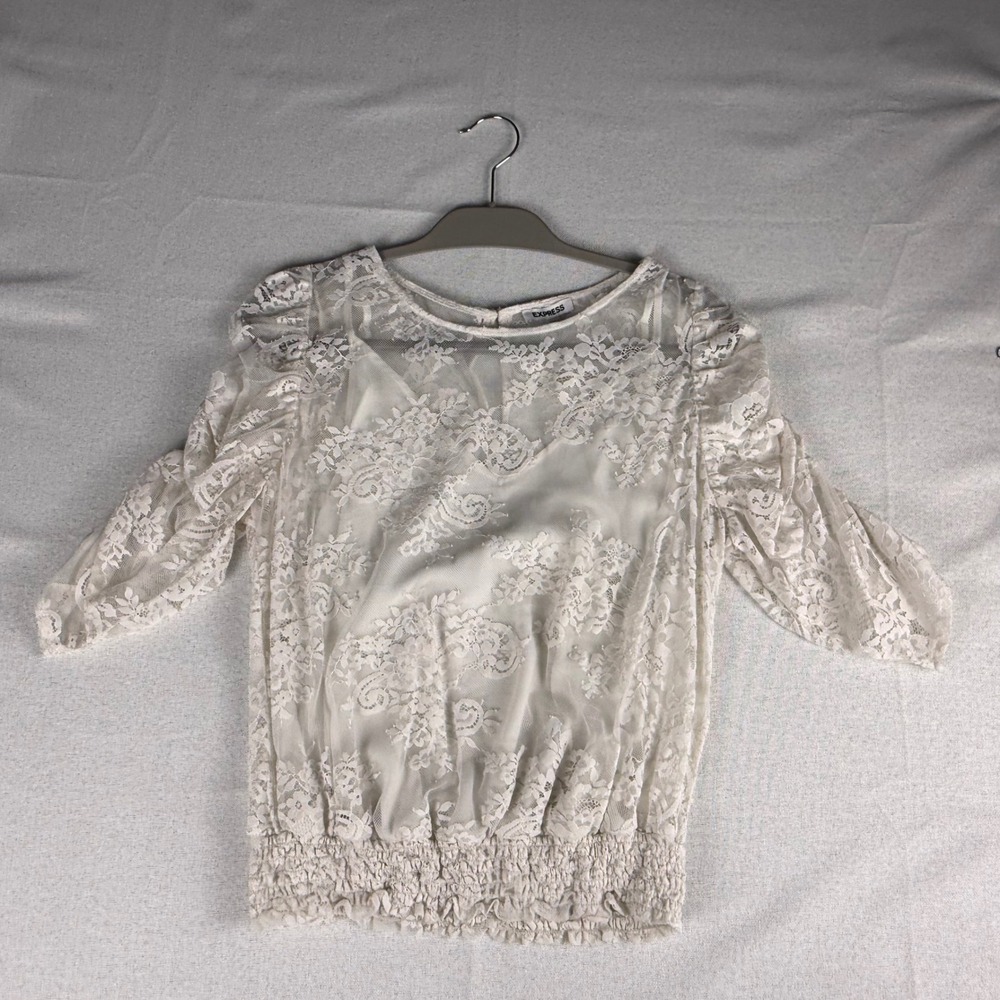 Express Ivory Floral Lace Blouse XL Ruched 3/4 Sleeve Smocked Hem Boat Neck Top